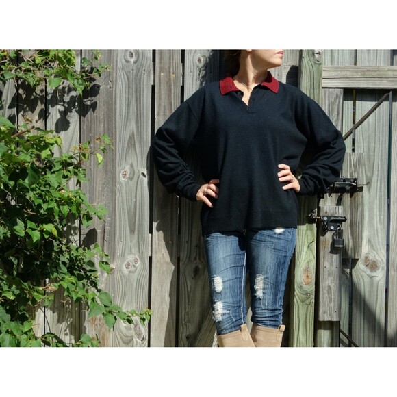 Vtg Glasgow Creation Preppy Sweater Navy Red Collar Slouchy Pullover M 60s 70s - Picture 1 of 5